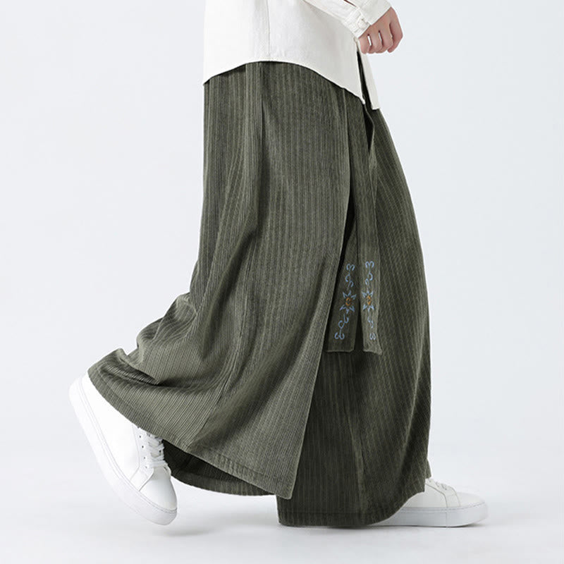 Buddha Stones Casual Embroidery Drawstring Design Men's Corduroy Wide Leg Pants With Pockets - image 5