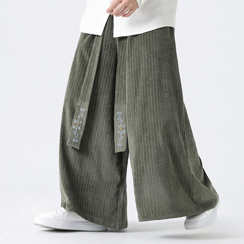 Buddha Stones Casual Embroidery Drawstring Design Men's Corduroy Wide Leg Pants With Pockets - image 4