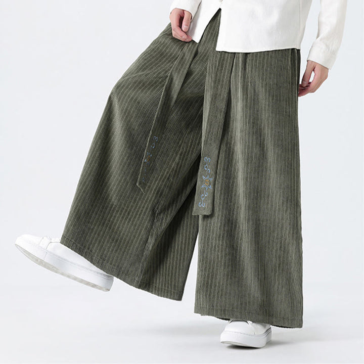 Buddha Stones Casual Embroidery Drawstring Design Men's Corduroy Wide Leg Pants With Pockets - image 9
