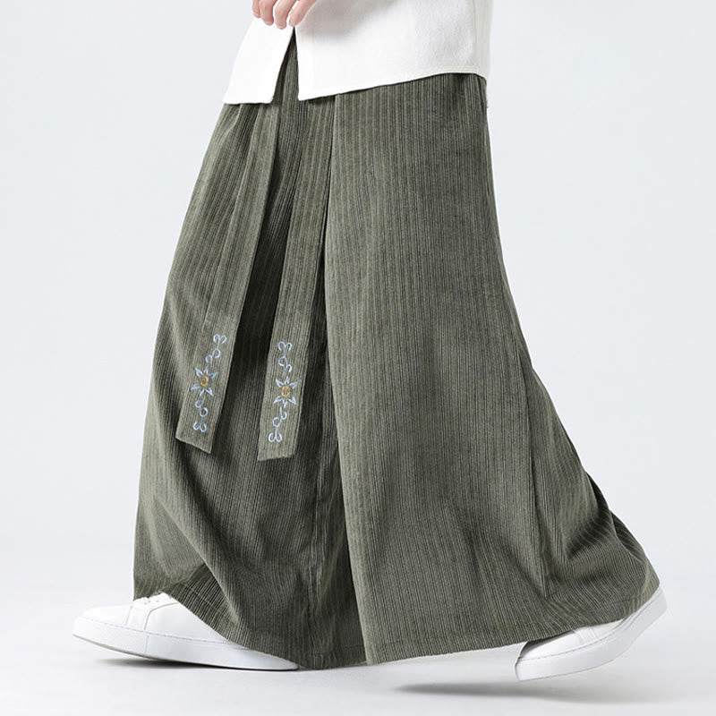 Buddha Stones Casual Embroidery Drawstring Design Men's Corduroy Wide Leg Pants With Pockets - image 10
