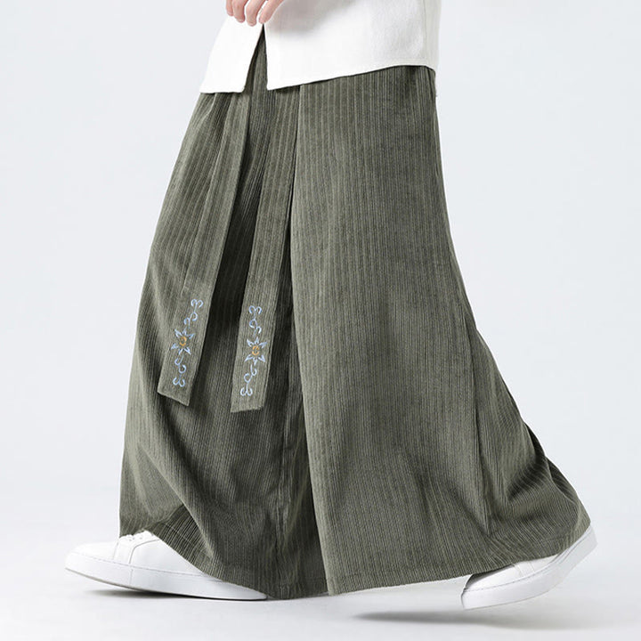 Buddha Stones Casual Embroidery Drawstring Design Men's Corduroy Wide Leg Pants With Pockets - image 10