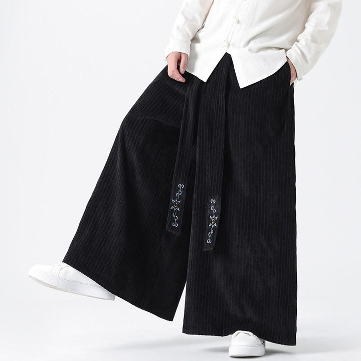 Buddha Stones Casual Embroidery Drawstring Design Men's Corduroy Wide Leg Pants With Pockets - image 20