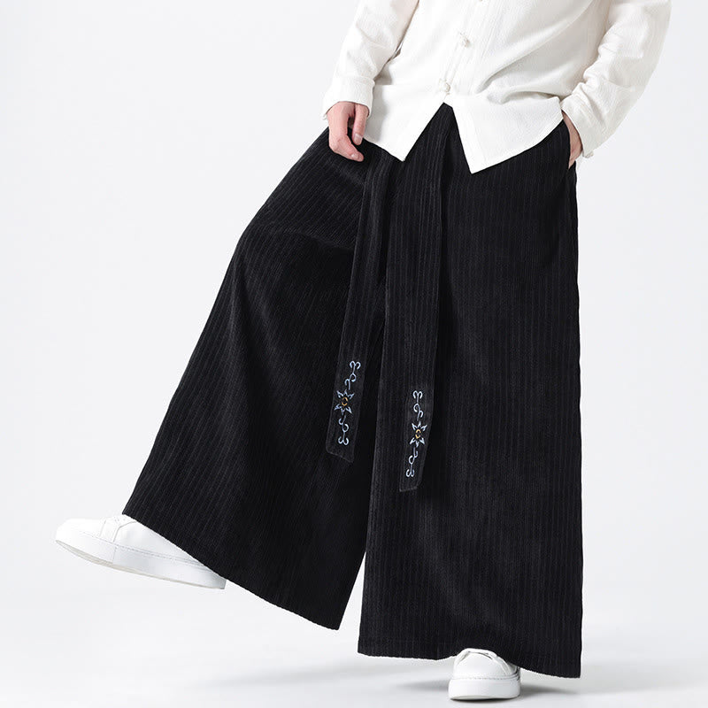 Buddha Stones Casual Embroidery Drawstring Design Men's Corduroy Wide Leg Pants With Pockets - image 20