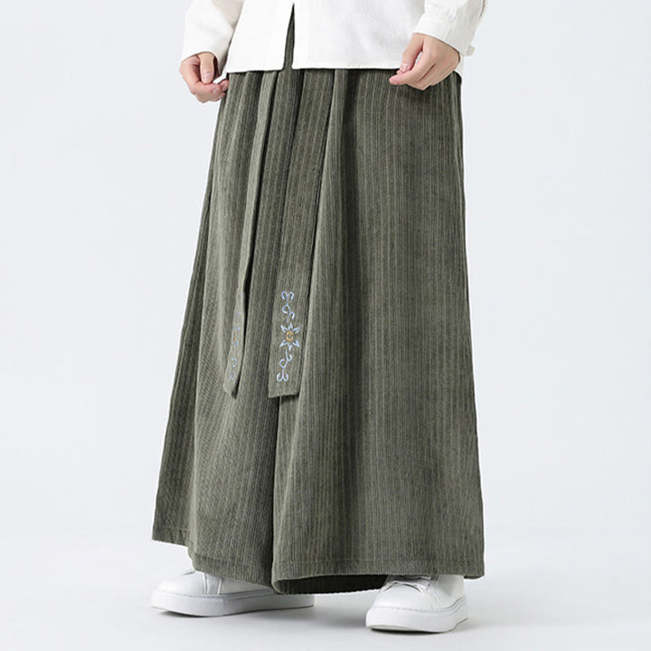 Buddha Stones Casual Embroidery Drawstring Design Men's Corduroy Wide Leg Pants With Pockets - image 6