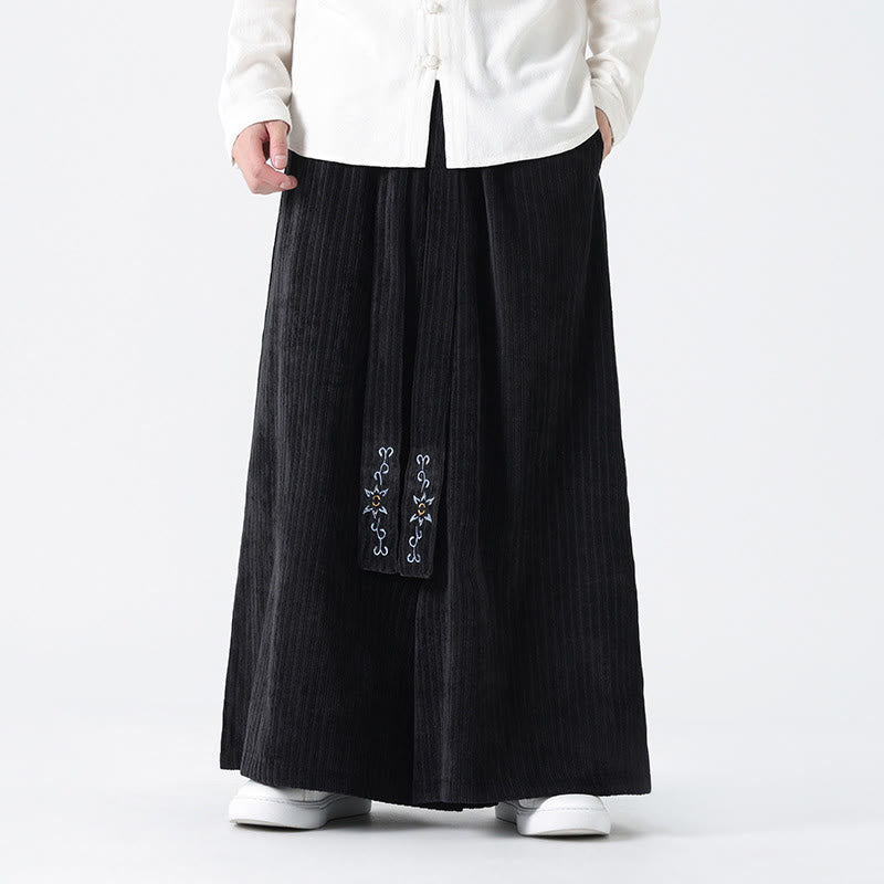 Buddha Stones Casual Embroidery Drawstring Design Men's Corduroy Wide Leg Pants With Pockets - Black - US/UK/AU50，EU60 (5XL) - image 13