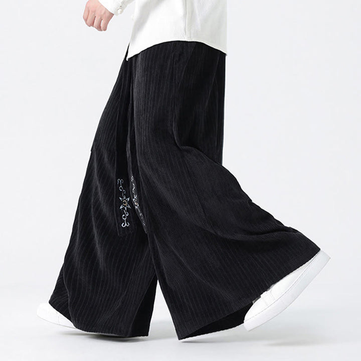 Buddha Stones Casual Embroidery Drawstring Design Men's Corduroy Wide Leg Pants With Pockets - image 14