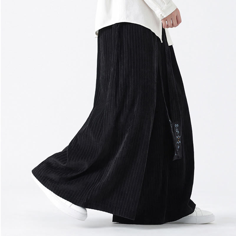Buddha Stones Casual Embroidery Drawstring Design Men's Corduroy Wide Leg Pants With Pockets - image 15