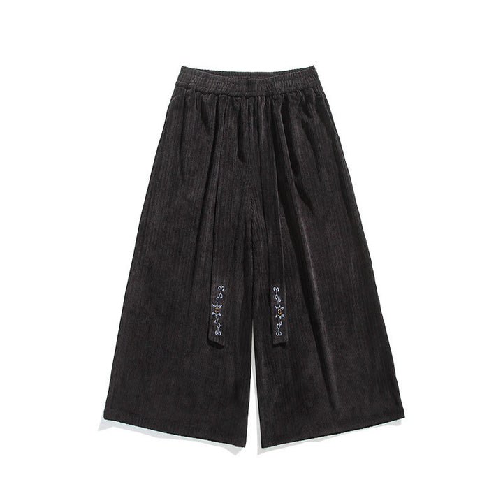 Buddha Stones Casual Embroidery Drawstring Design Men's Corduroy Wide Leg Pants With Pockets - image 21