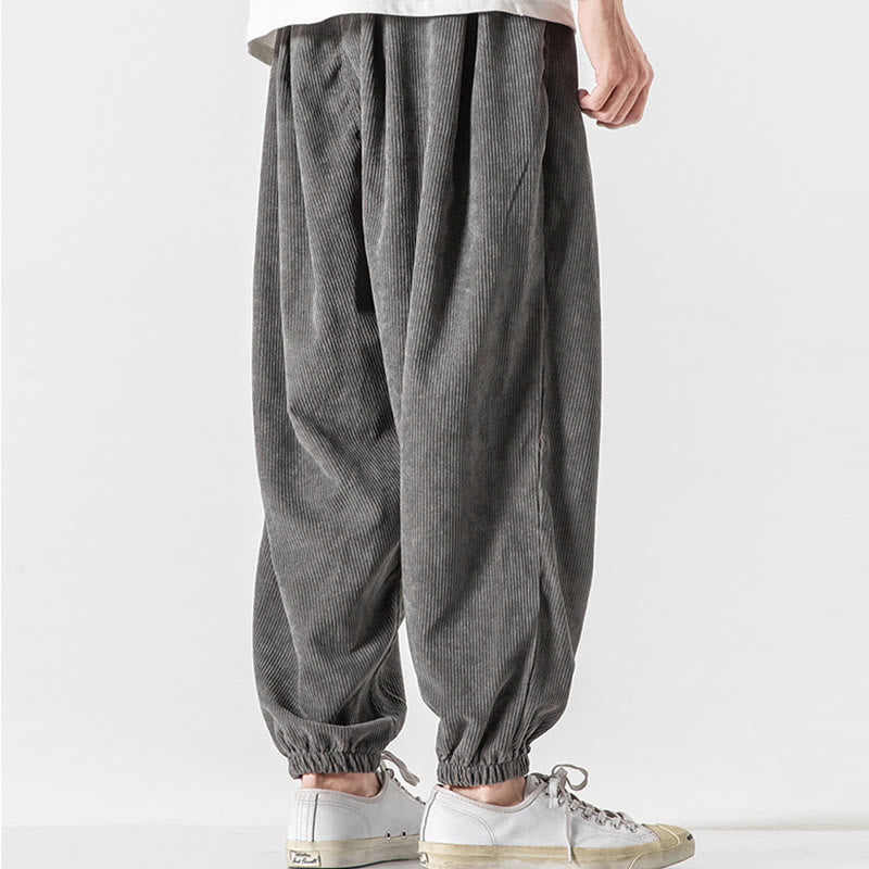 Buddha Stones Casual Pure Color Men's Drawstring Corduroy Harem Ankle-Length Pants With Pockets - image 7