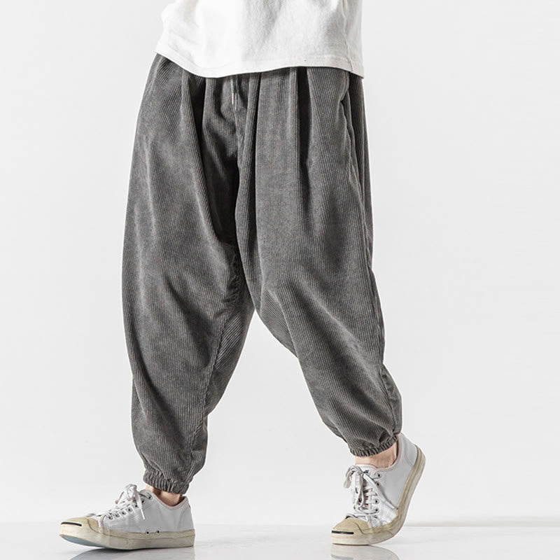 Buddha Stones Casual Pure Color Men's Drawstring Corduroy Harem Ankle-Length Pants With Pockets - image 5