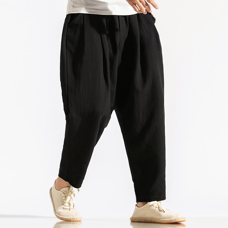 Buddha Stones Casual Pure Color Men's Jacquard Cotton Linen Harem Pants With Pockets - Black - US/UK/AU48，EU58(5XL) - image 21