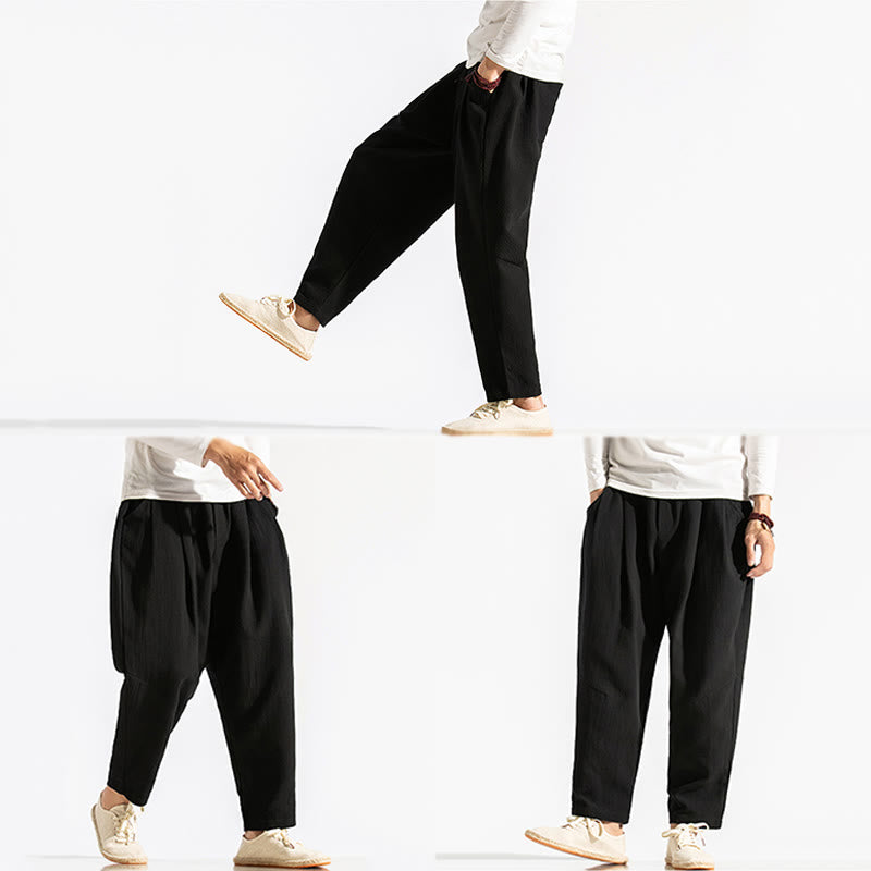 Buddha Stones Casual Pure Color Men's Jacquard Cotton Linen Harem Pants With Pockets - image 27