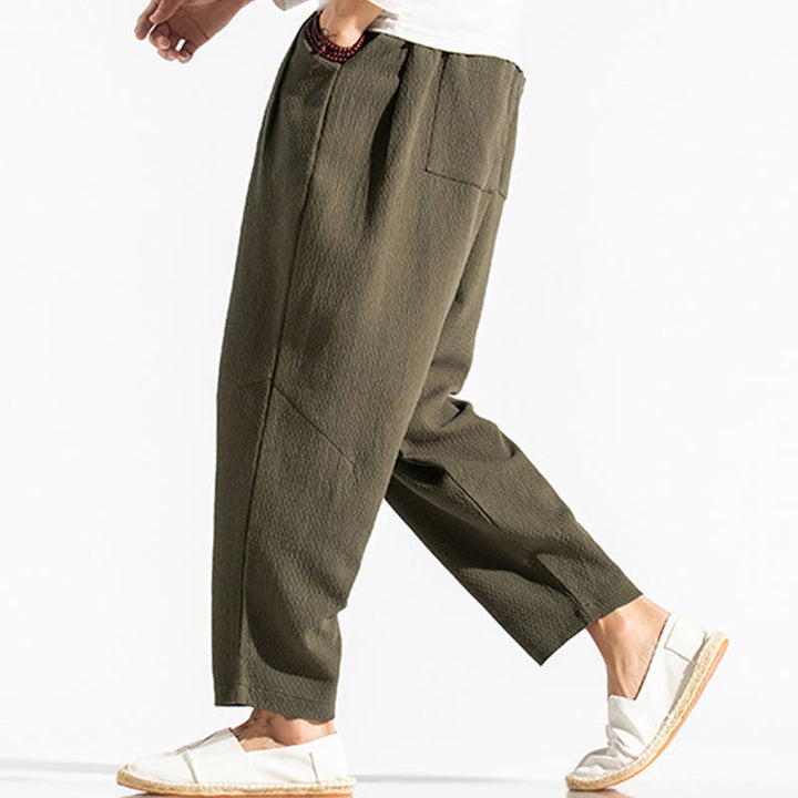 Buddha Stones Casual Pure Color Men's Jacquard Cotton Linen Harem Pants With Pockets - image 3