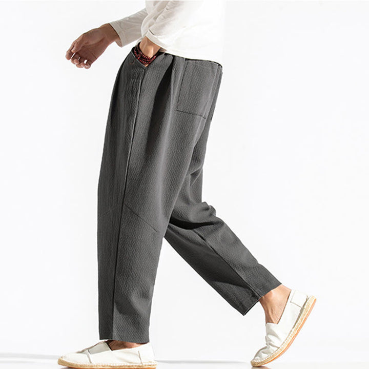 Buddha Stones Casual Pure Color Men's Jacquard Cotton Linen Harem Pants With Pockets - image 9
