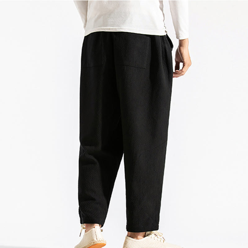 Buddha Stones Casual Pure Color Men's Jacquard Cotton Linen Harem Pants With Pockets - image 26