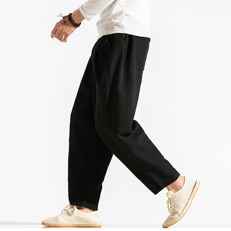 Buddha Stones Casual Pure Color Men's Jacquard Cotton Linen Harem Pants With Pockets - image 23