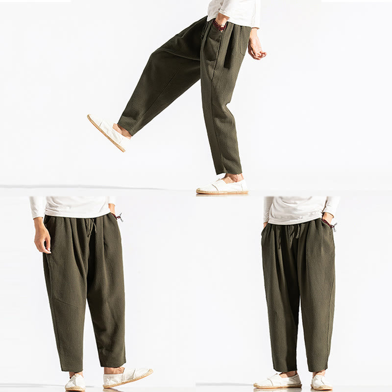 Buddha Stones Casual Pure Color Men's Jacquard Cotton Linen Harem Pants With Pockets - image 6