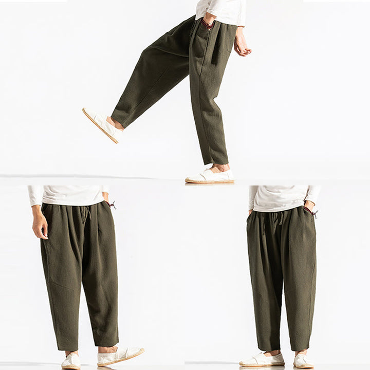 Buddha Stones Casual Pure Color Men's Jacquard Cotton Linen Harem Pants With Pockets - image 6