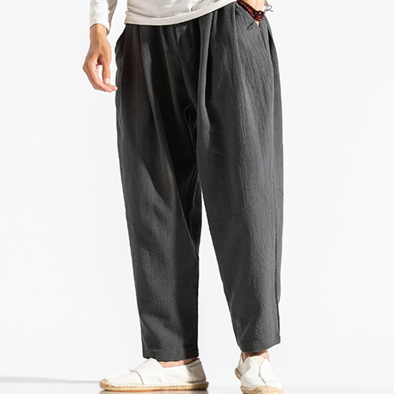 Buddha Stones Casual Pure Color Men's Jacquard Cotton Linen Harem Pants With Pockets - image 10