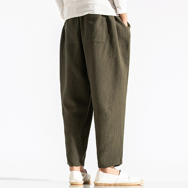 Buddha Stones Casual Pure Color Men's Jacquard Cotton Linen Harem Pants With Pockets - image 5