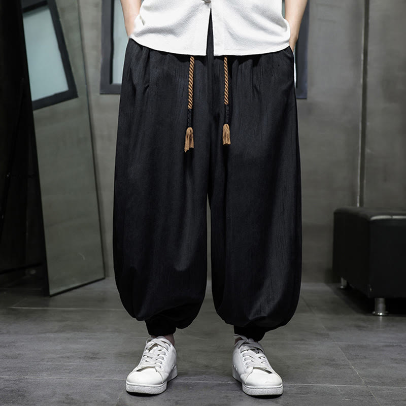 Buddha Stones Casual Daily Pure Color Drawstring Design Men's Harem Pants With Pockets - image 6