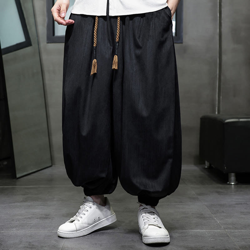 Buddha Stones Casual Daily Pure Color Drawstring Design Men's Harem Pants With Pockets - image 3