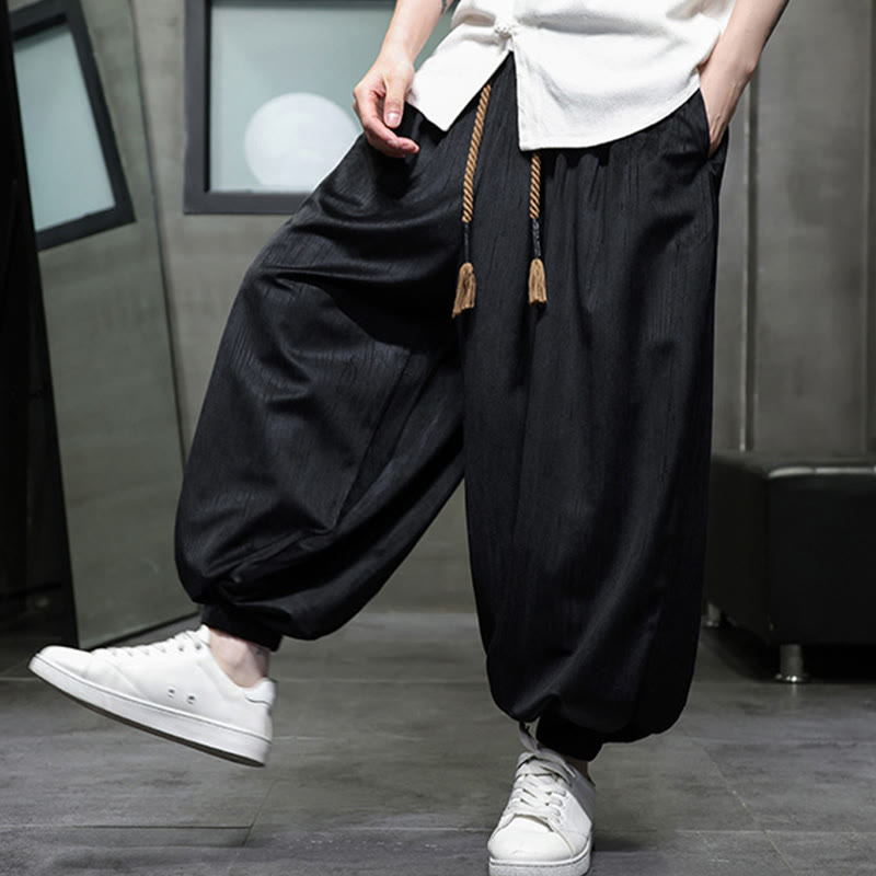 Buddha Stones Casual Daily Pure Color Drawstring Design Men's Harem Pants With Pockets - image 9