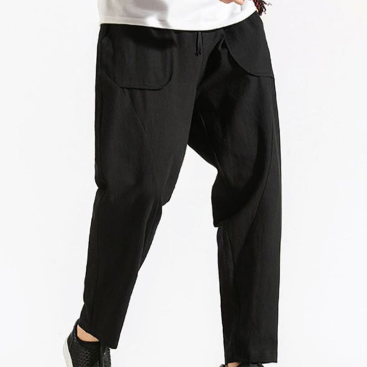 Buddha Stones Retro Casual Drawstring Design Men's Harem Cotton Plain Pants With Pockets - image 19