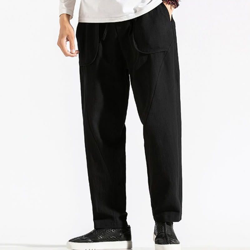 Buddha Stones Retro Casual Drawstring Design Men's Harem Cotton Plain Pants With Pockets - image 16