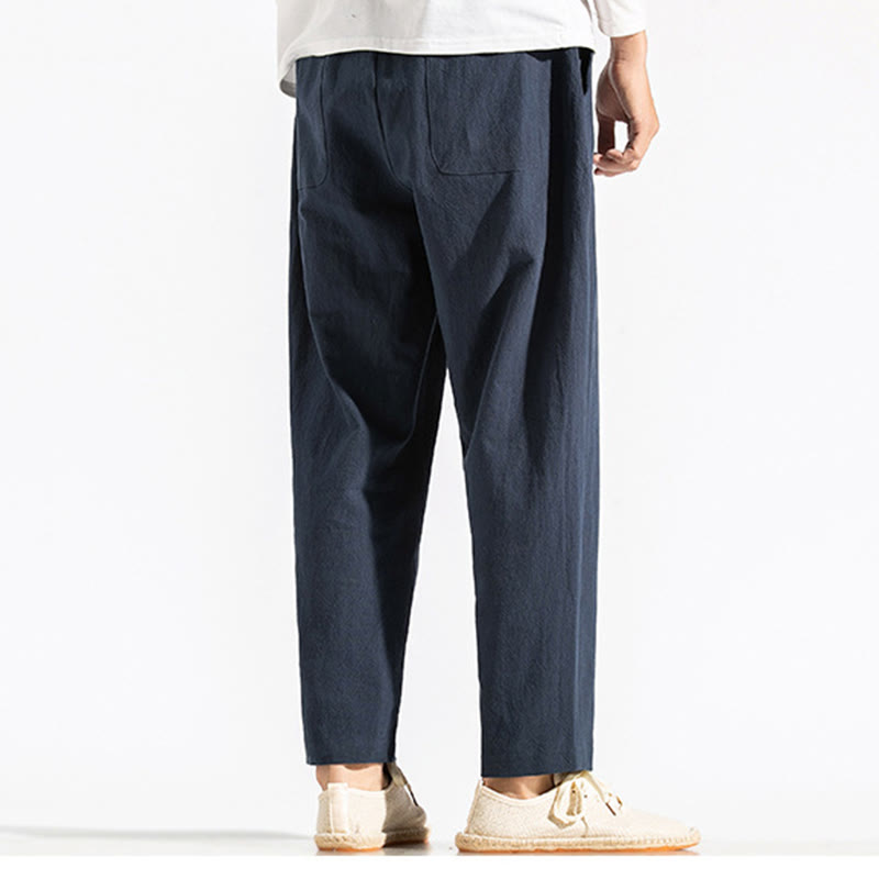Buddha Stones Retro Casual Drawstring Design Men's Harem Cotton Plain Pants With Pockets - image 4