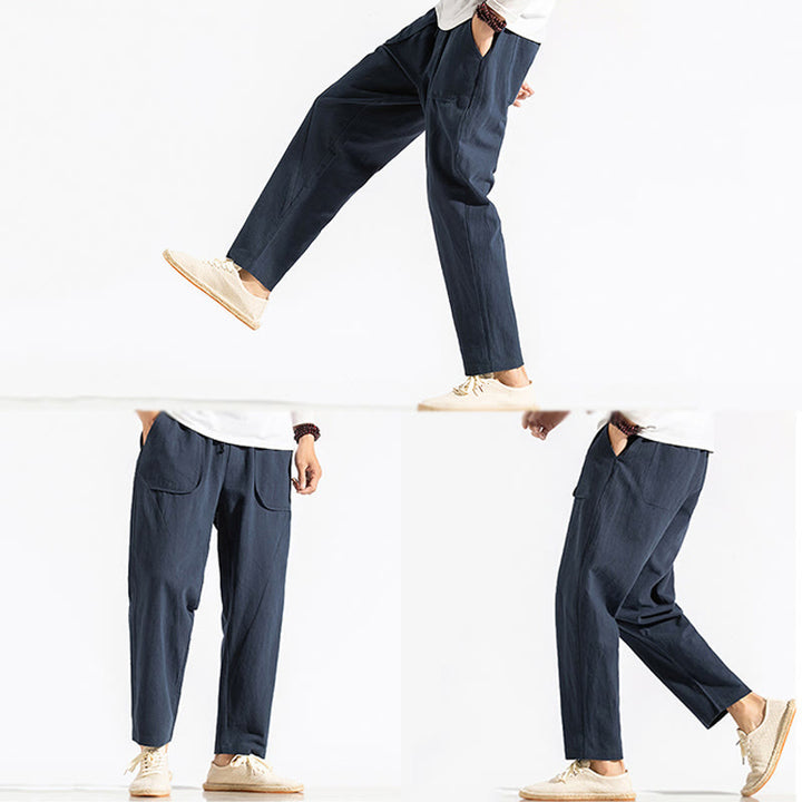 Buddha Stones Retro Casual Drawstring Design Men's Harem Cotton Plain Pants With Pockets - image 6