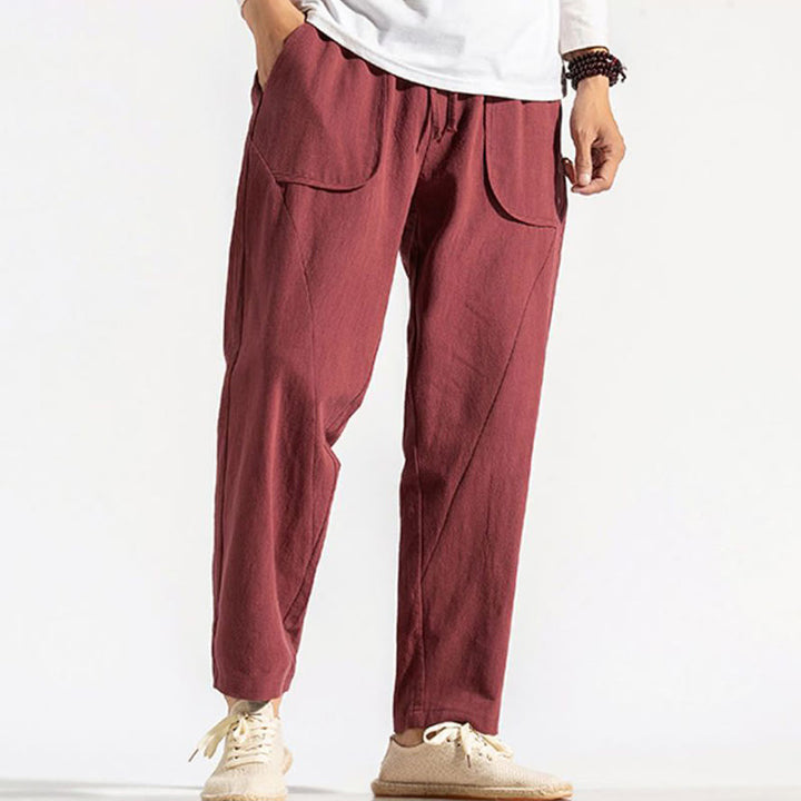 Buddha Stones Retro Casual Drawstring Design Men's Harem Cotton Plain Pants With Pockets - image 12