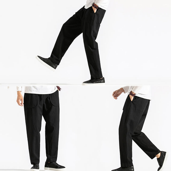 Buddha Stones Retro Casual Drawstring Design Men's Harem Cotton Plain Pants With Pockets - image 20