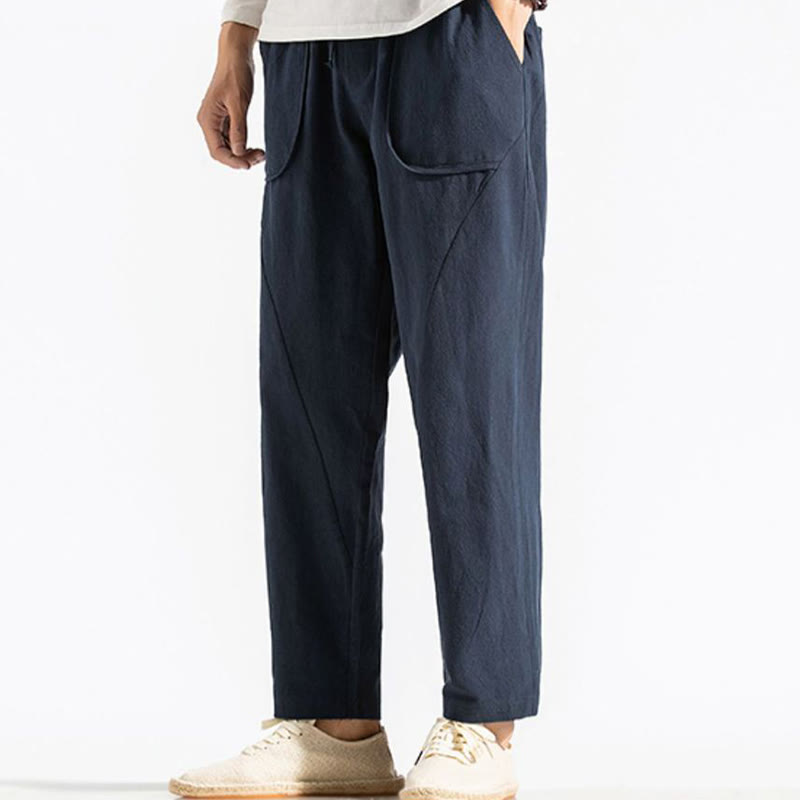 Buddha Stones Retro Casual Drawstring Design Men's Harem Cotton Plain Pants With Pockets - image 3