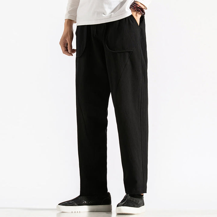 Buddha Stones Retro Casual Drawstring Design Men's Harem Cotton Plain Pants With Pockets - image 18