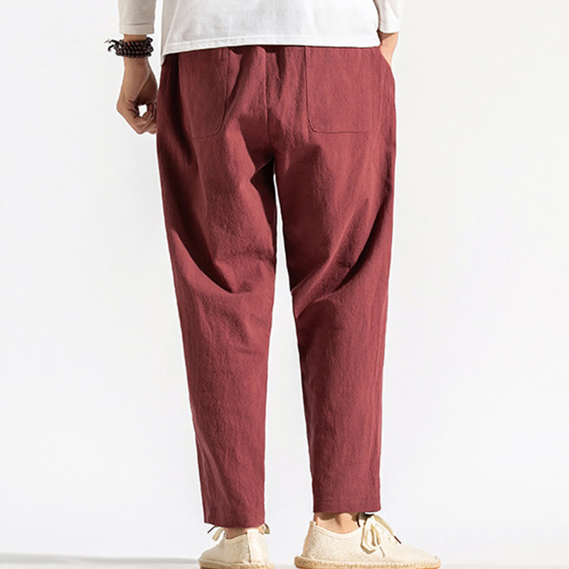 Buddha Stones Retro Casual Drawstring Design Men's Harem Cotton Plain Pants With Pockets - image 11