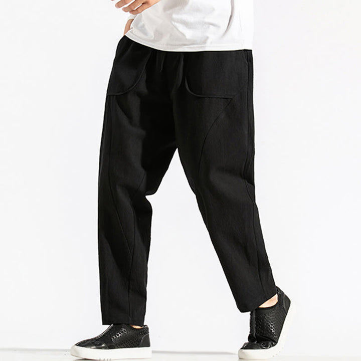 Buddha Stones Retro Casual Drawstring Design Men's Harem Cotton Plain Pants With Pockets - image 15