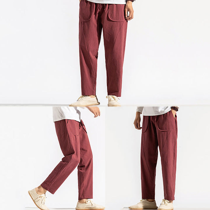 Buddha Stones Retro Casual Drawstring Design Men's Harem Cotton Plain Pants With Pockets - image 13