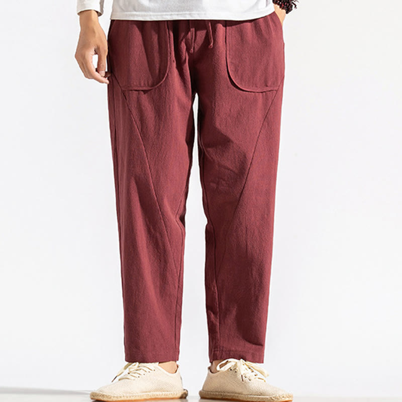 Buddha Stones Retro Casual Drawstring Design Men's Harem Cotton Plain Pants With Pockets - image 9