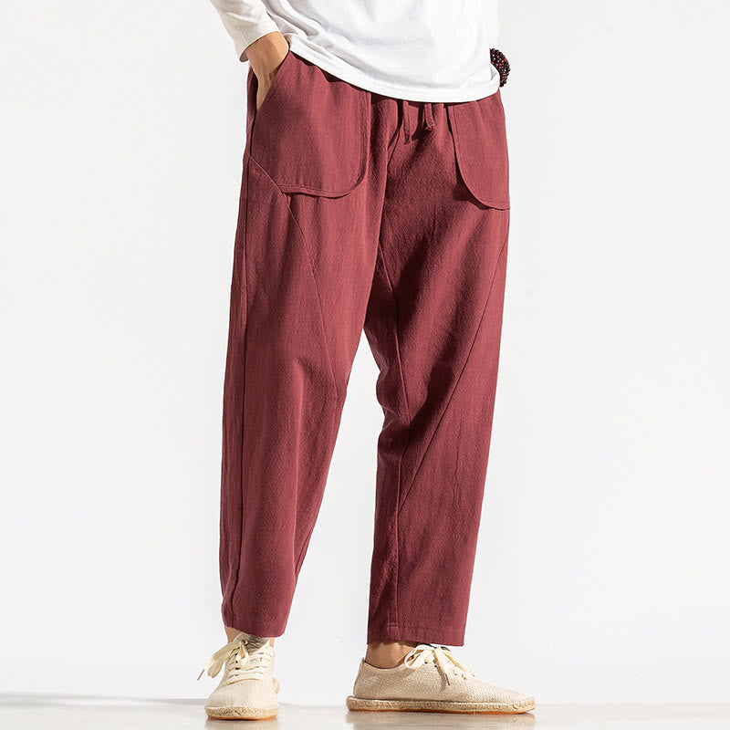 Buddha Stones Retro Casual Drawstring Design Men's Harem Cotton Plain Pants With Pockets - Crimson - US/UK/AU46，EU56 (5XL) - image 7