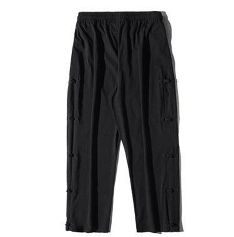 Buddha Stones Casual Patchwork Crane Pattern Frog-Button Design Men's Wide Leg Pants With Pockets - image 11