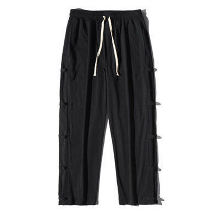 Buddha Stones Casual Patchwork Crane Pattern Frog-Button Design Men's Wide Leg Pants With Pockets - image 9