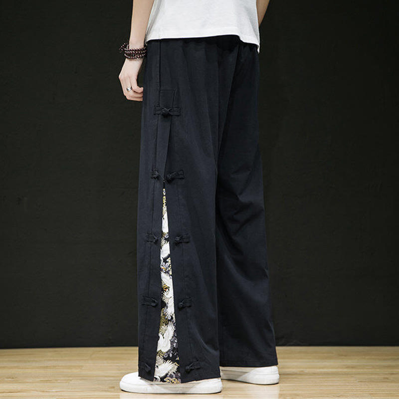 Buddha Stones Casual Patchwork Crane Pattern Frog-Button Design Men's Wide Leg Pants With Pockets - image 2
