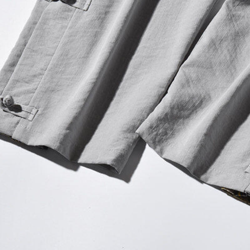 Buddha Stones Casual Patchwork Crane Pattern Frog-Button Design Men's Wide Leg Pants With Pockets - image 29