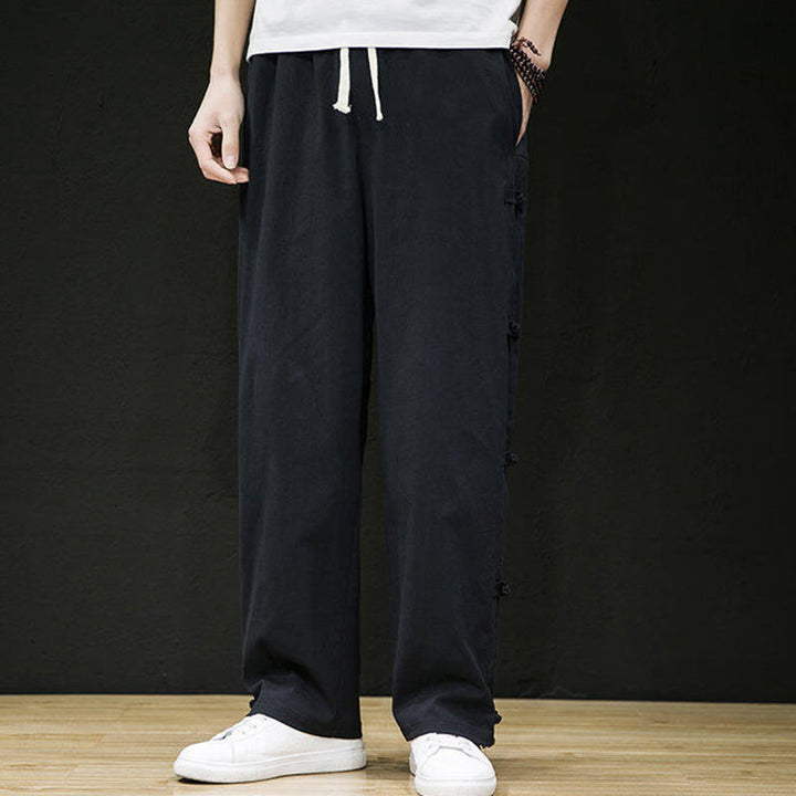 Buddha Stones Casual Patchwork Crane Pattern Frog-Button Design Men's Wide Leg Pants With Pockets - image 4