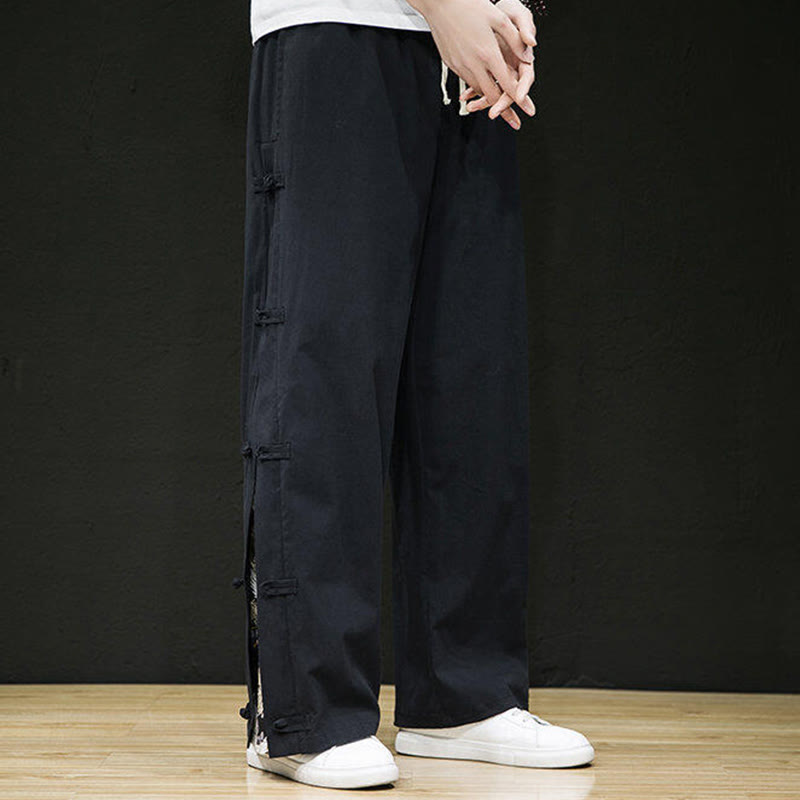 Buddha Stones Casual Patchwork Crane Pattern Frog-Button Design Men's Wide Leg Pants With Pockets - image 7