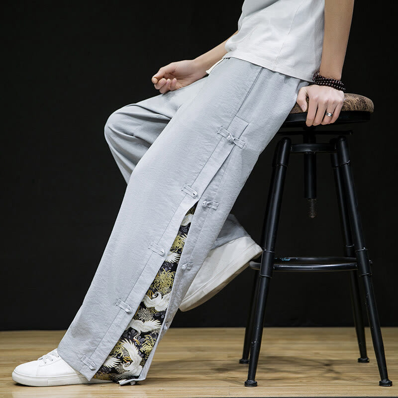 Buddha Stones Casual Patchwork Crane Pattern Frog-Button Design Men's Wide Leg Pants With Pockets - image 20