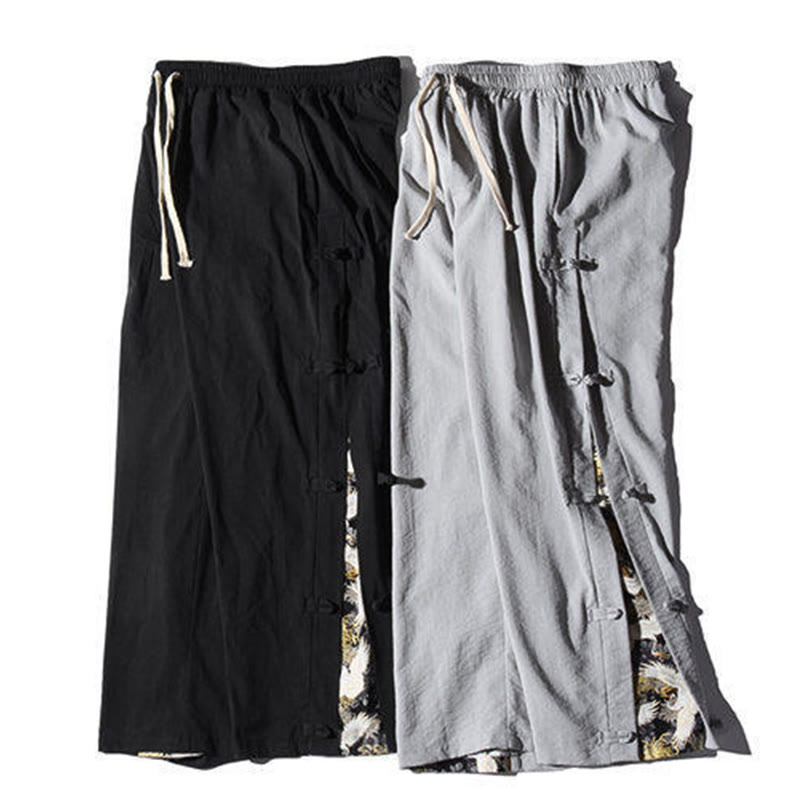 Buddha Stones Casual Patchwork Crane Pattern Frog-Button Design Men's Wide Leg Pants With Pockets - image 32