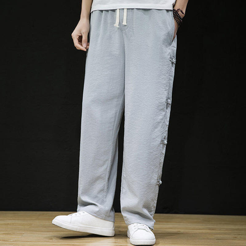 Buddha Stones Casual Patchwork Crane Pattern Frog-Button Design Men's Wide Leg Pants With Pockets - image 13