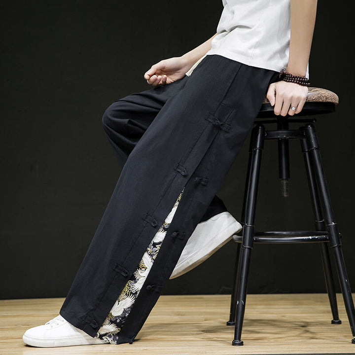 Buddha Stones Casual Patchwork Crane Pattern Frog-Button Design Men's Wide Leg Pants With Pockets - image 9